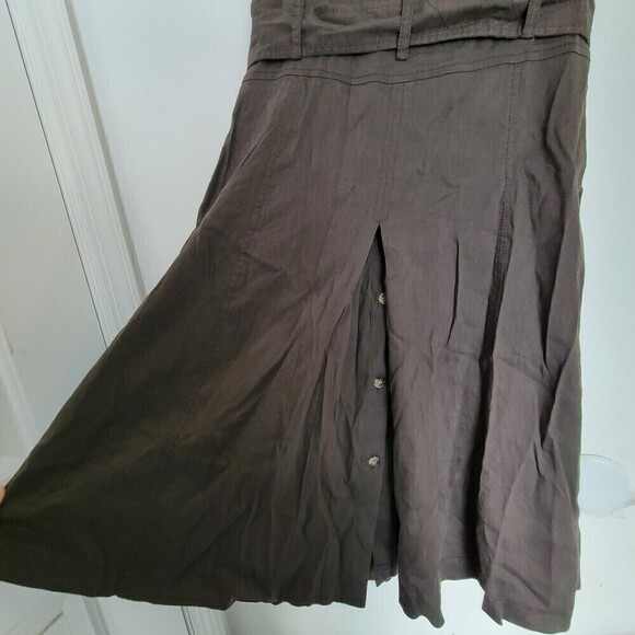 Theory Brown Button Front Sleeveless Linen Belted Pleated Back Midi Dress Size 8 - Picture 4 of 12